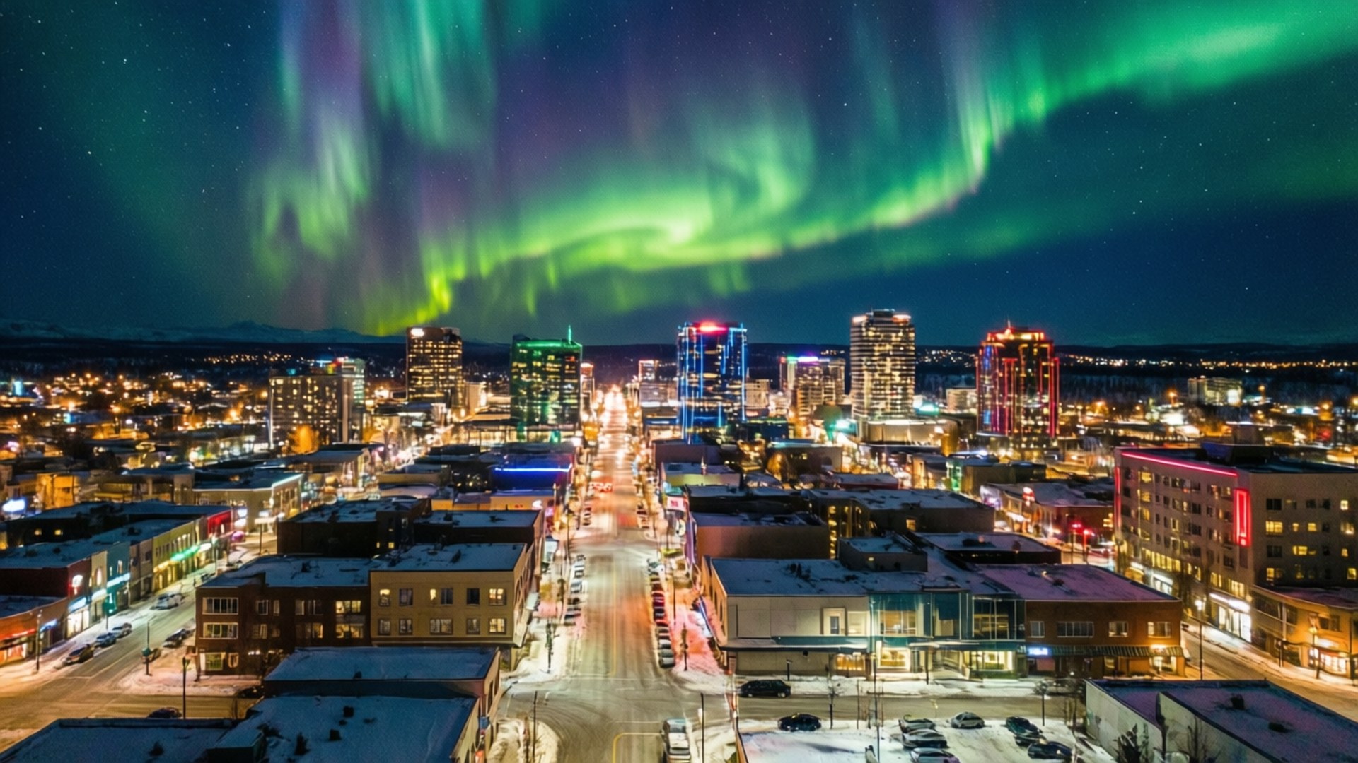 北極光照亮雪景城市景觀上方的夜空，建築物燈火通明。