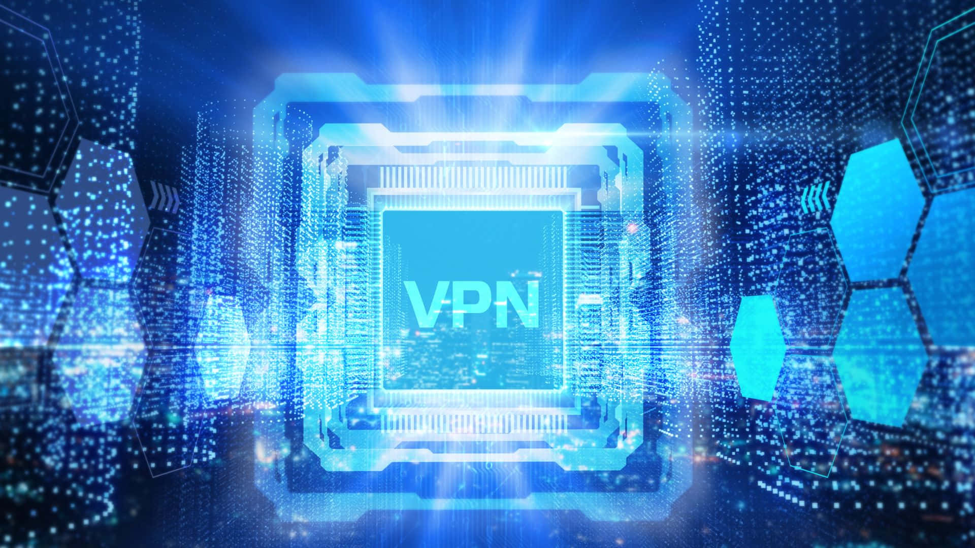 被數位數據流和六邊形圖案包圍的發光藍色VPN晶片。