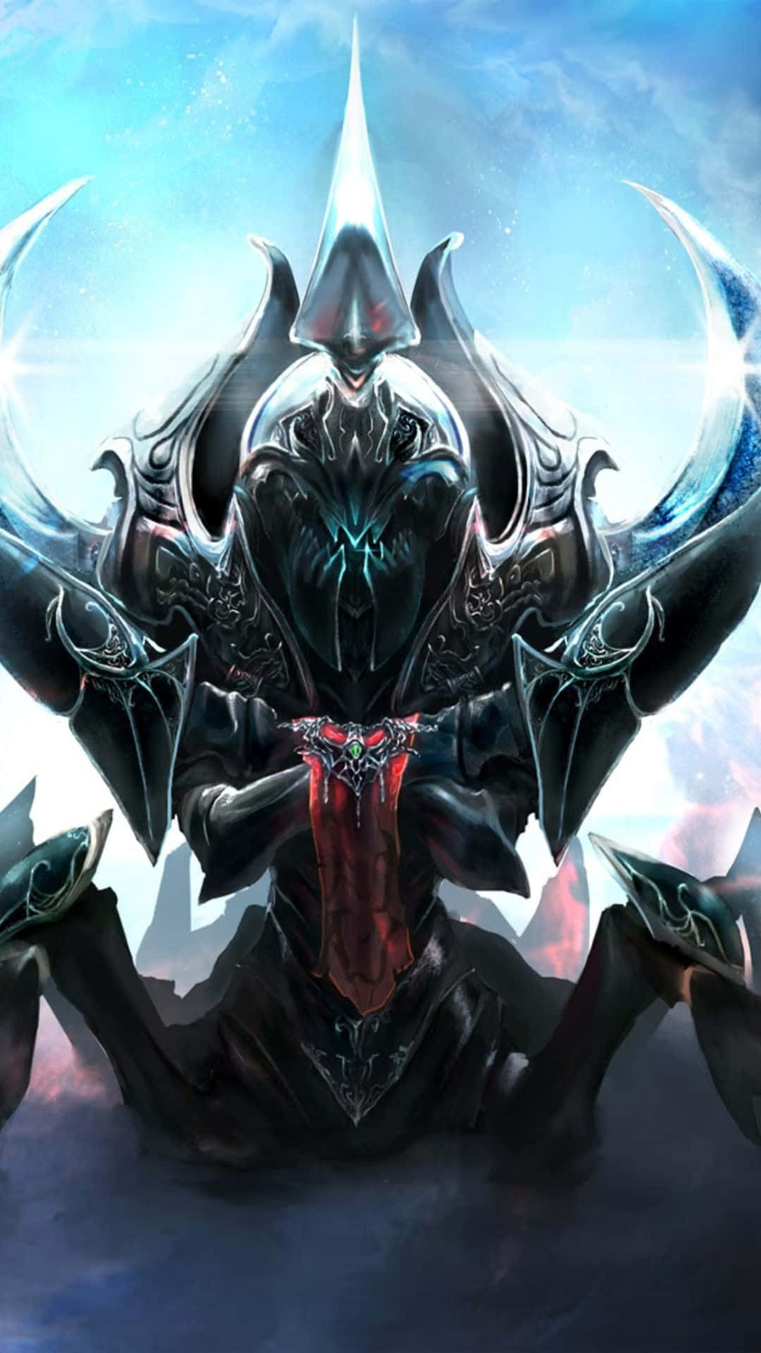 安卓 Dota 2 背景：尼克斯刺客 壁紙 — 一個帶有發光紅眼和冰翼的威脅性裝甲惡魔，站在充滿宇宙能量的明亮藍天下。