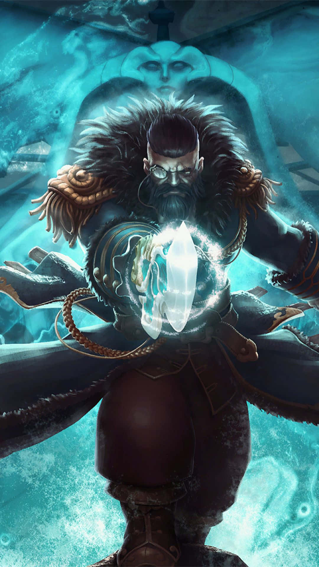 安卓 Dota 2 背景：庫克卡持閃亮刀刃 壁紙 — 一位鬍鬚戰士身穿毛皮盔甲，引導發光的冰魔法，而一個幽靈般的面孔在他身後寒冷的領域中隱現。