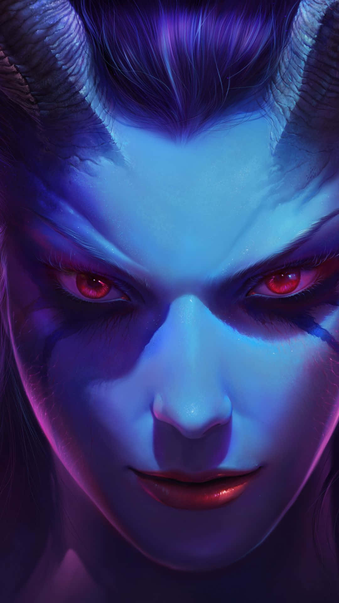 安卓 Dota 2 背景：痛苦女王 壁紙 — 一個惡魔女性面孔的特寫，在霓虹藍和紫色燈光下，擁有發光的紅色眼睛和角。