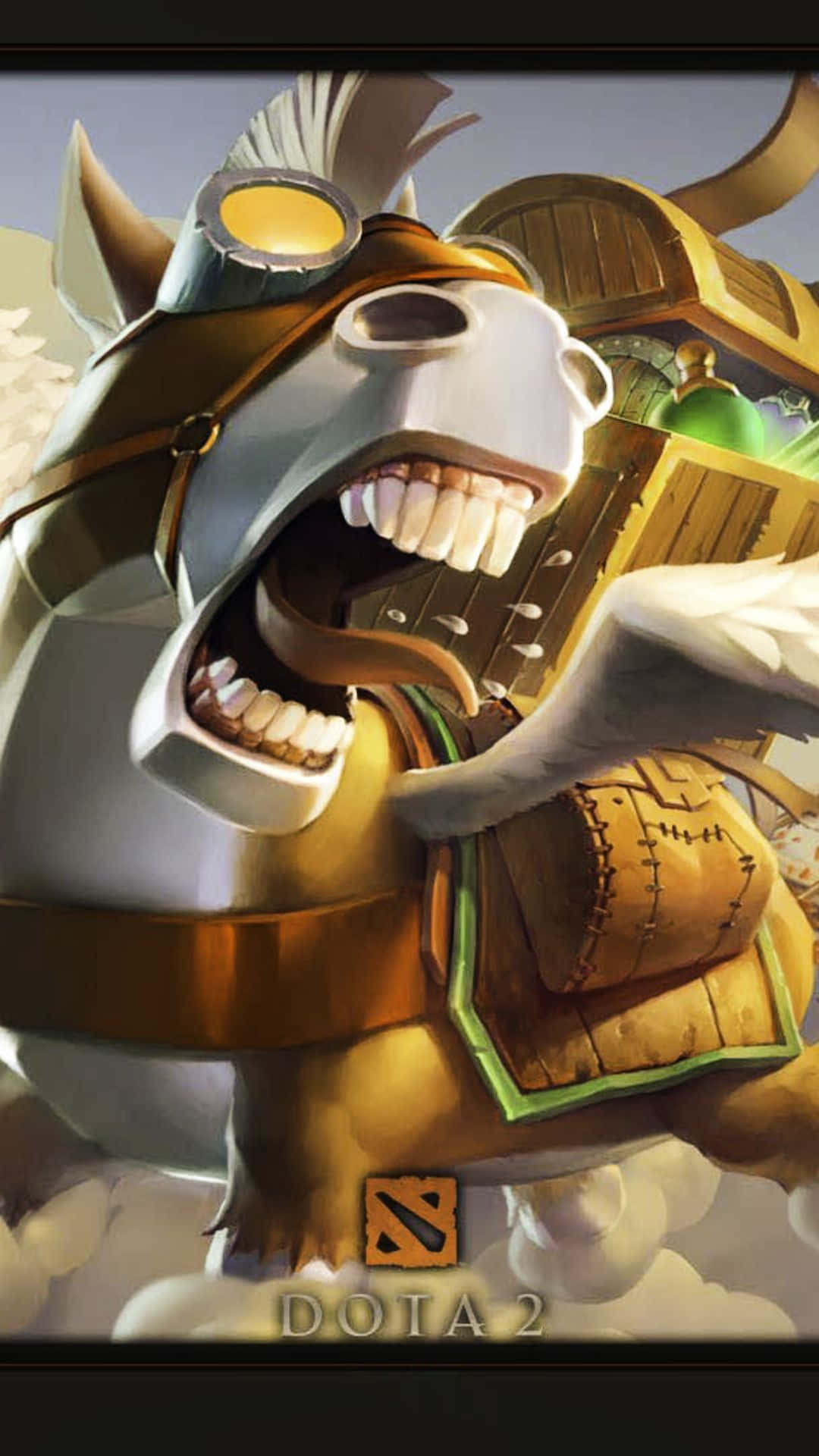 安卓 Dota 2 背景：經典駱駝郵差 壁紙 — 一匹戴著護目鏡和縫製馬鞍的兇猛裝甲馬，在陰雲密佈的天空下發出勝利的嘶吼。