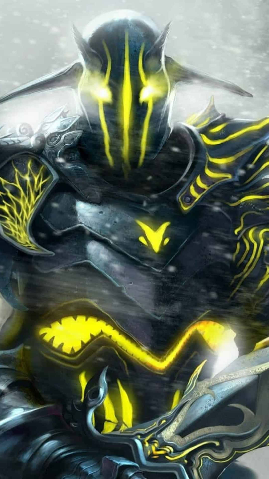 安卓 Dota 2 背景：身披金甲的斯文 壁紙 — 一個帶有發光黃色標記和角的威脅性裝甲戰士站在風暴黑暗的環境中。