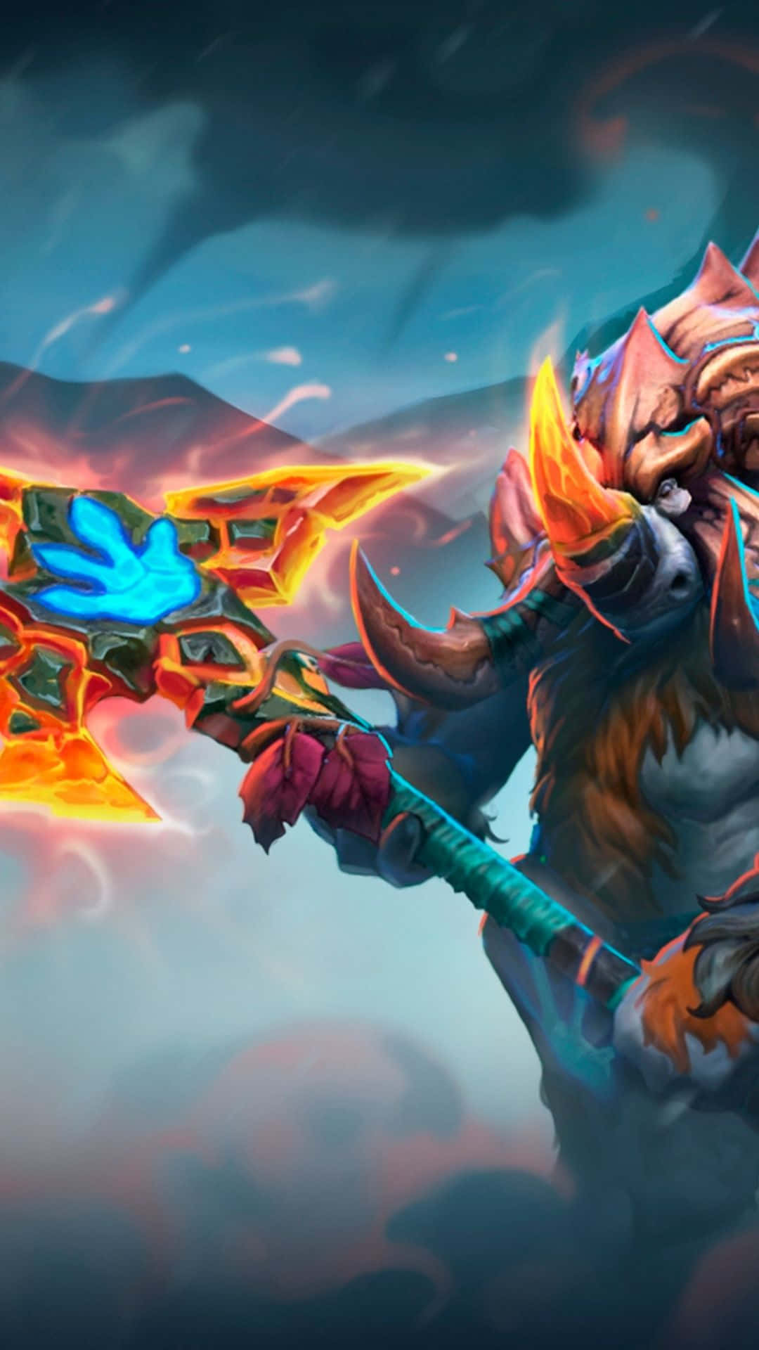 安卓 Dota 2 背景：馬格努斯持金錘 壁紙 — 一個兇猛的奇幻戰士，擁有發光的橙色角，在暴風雨的山景背景下揮舞著熾熱的斧頭。
