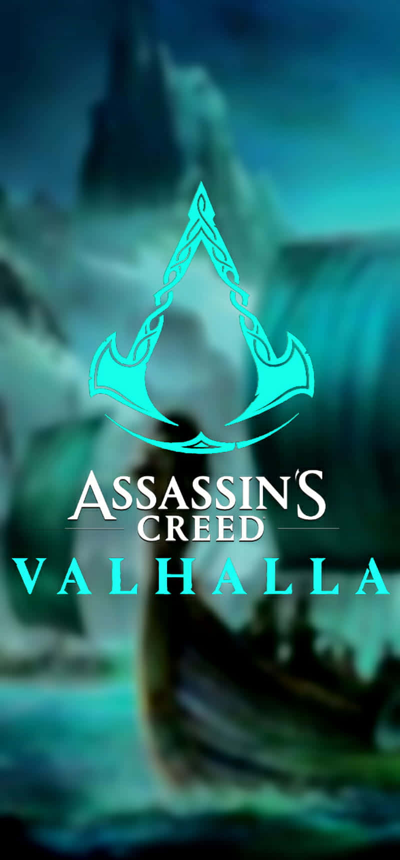 霧氣水域中維京船上的青綠色 Assassin's Creed Valhalla 標誌。