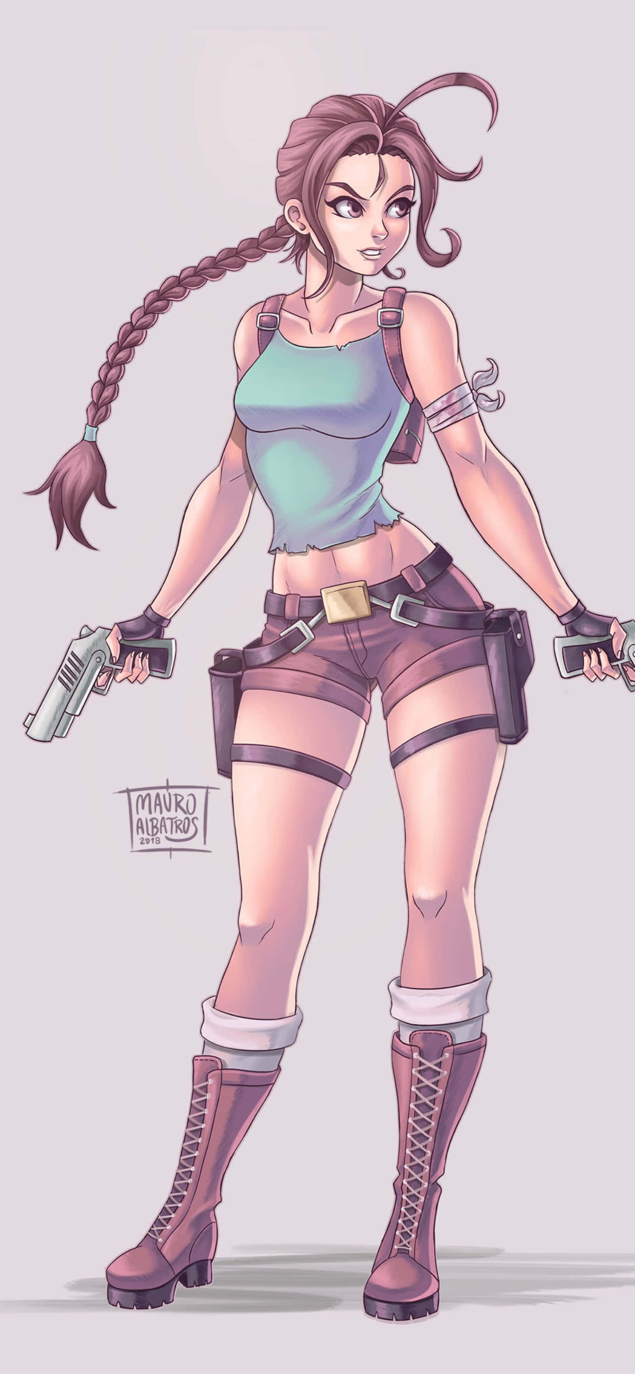 安卓《古墓麗影：崛起》插畫背景 壁紙 — 一位自信的動漫風格女冒險家，留著長辮子馬尾，手持兩把手槍，身穿青綠色背心和紫色裝備。