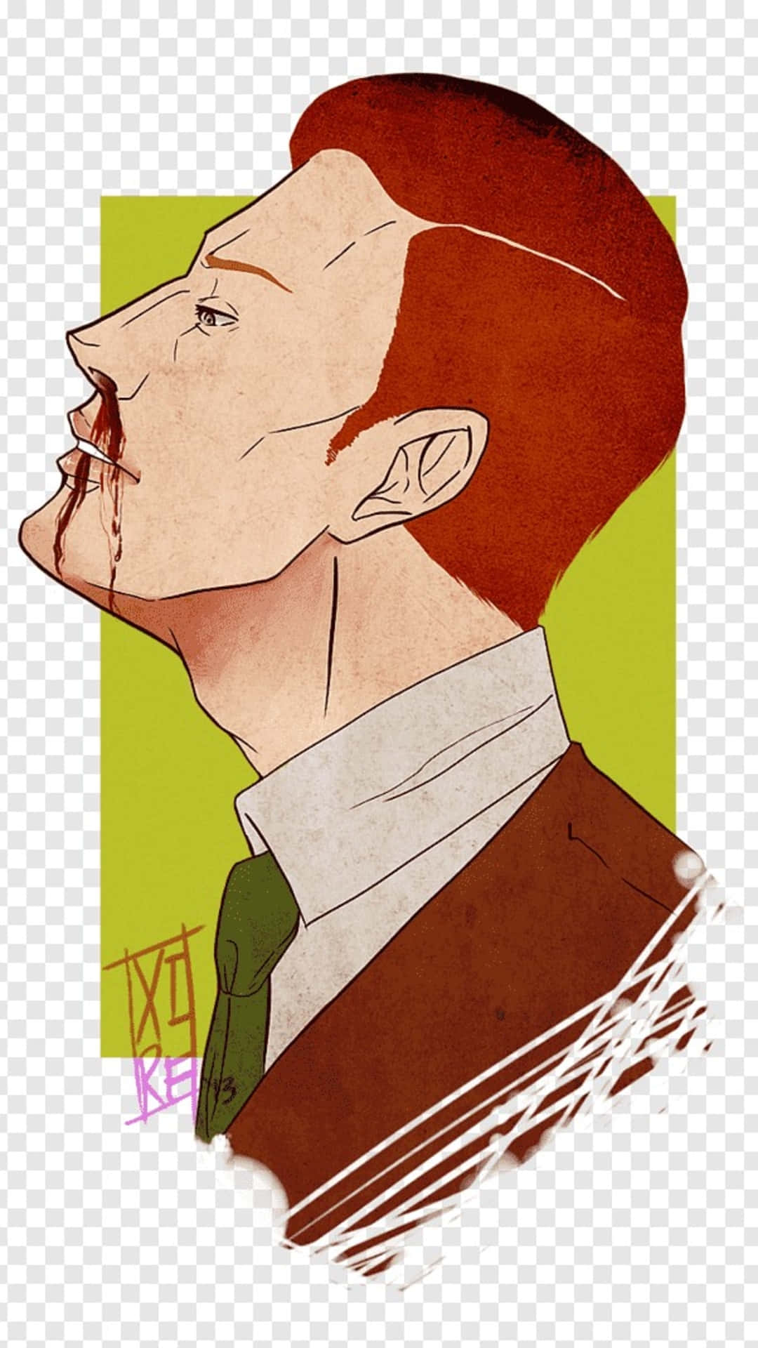 風格化插圖中，紅髮男子嘴巴滴著血。