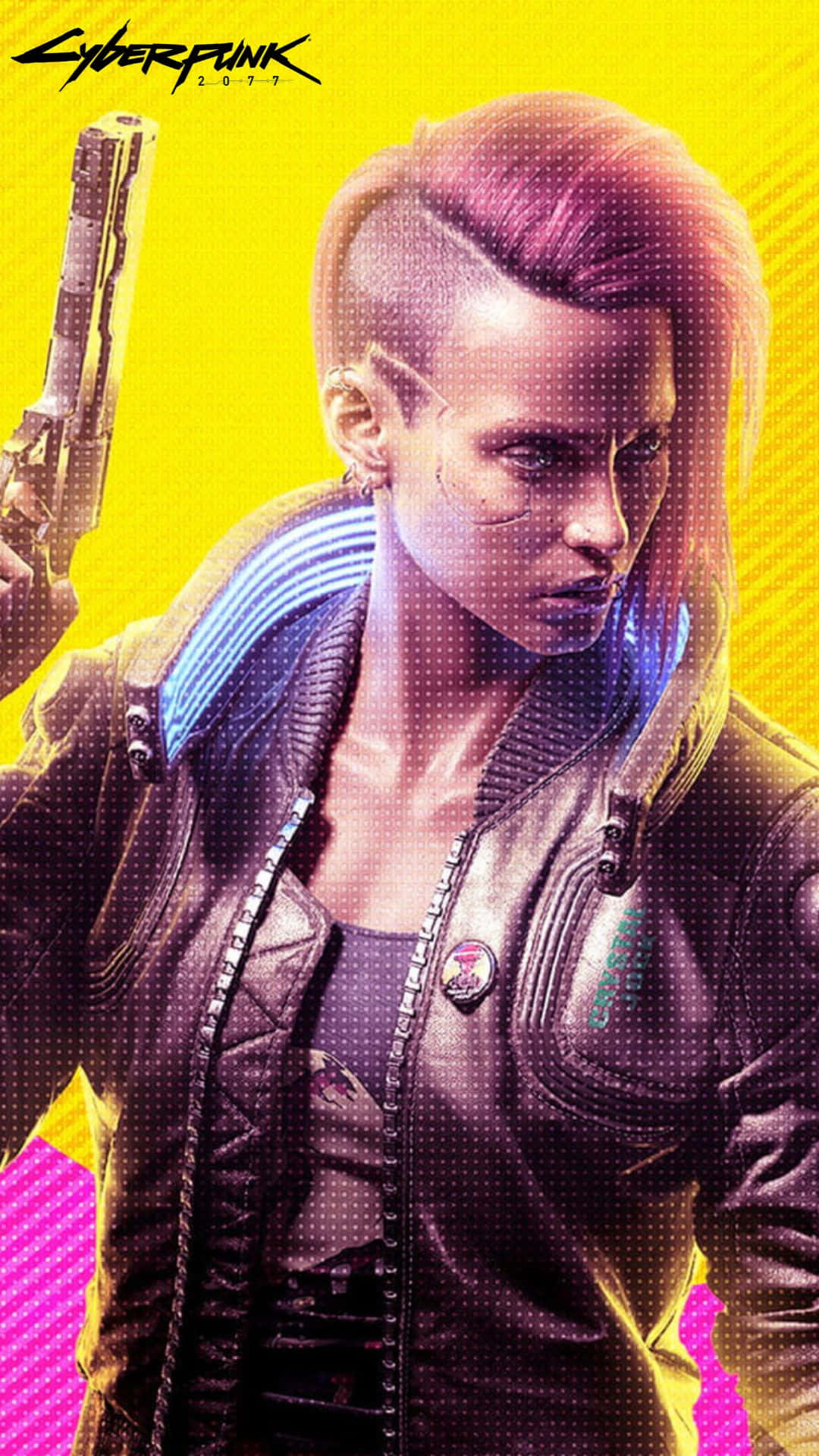 安卓《賽博朋克2077》背景：持手槍的女性V 壁紙 — 一位擁有粉紅色頭髮和賽博增強功能的賽博龐克女性，在充滿活力的黃色和粉紅色背景下手持手槍。