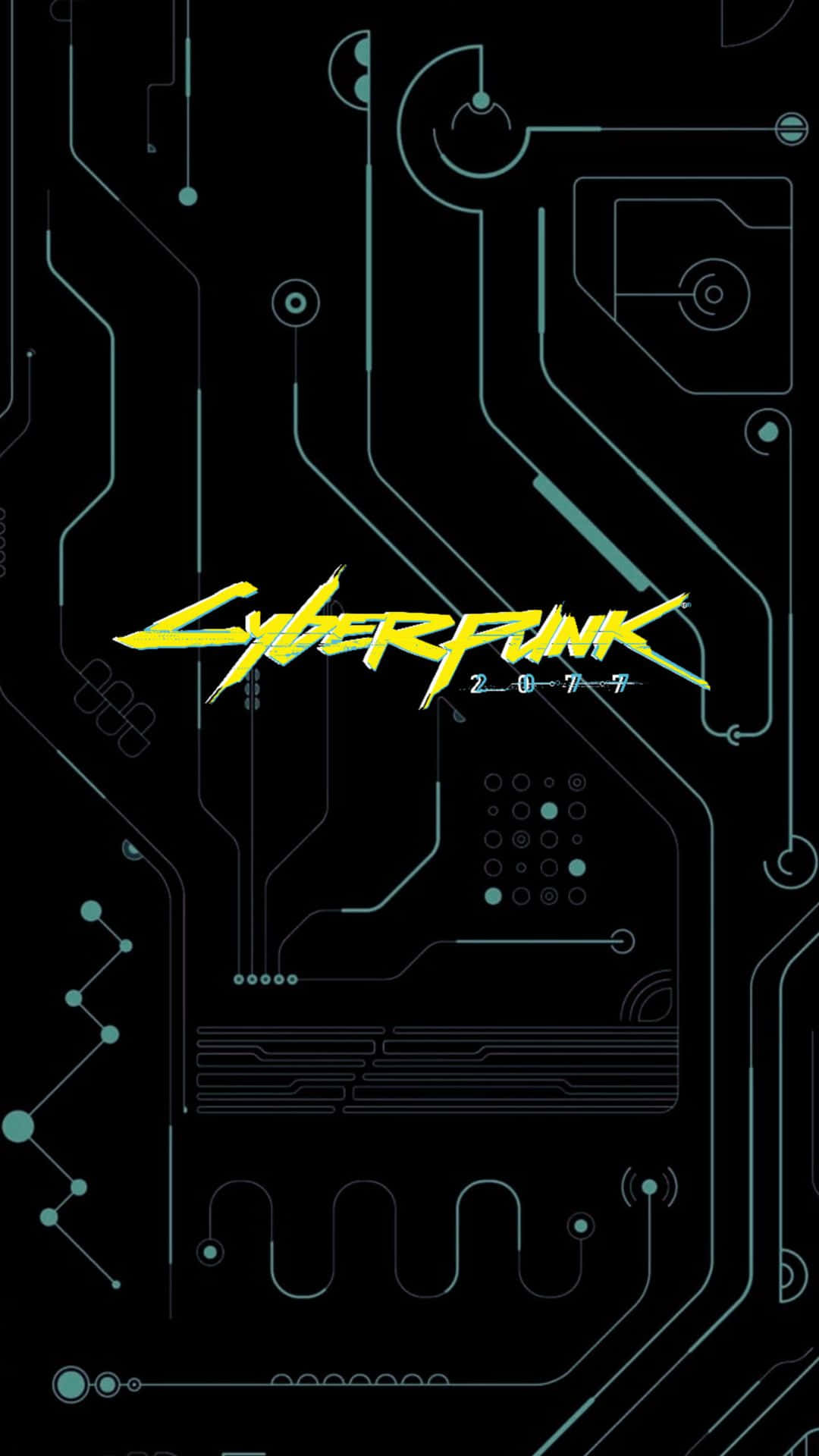 安卓《賽博朋克2077》背景：未來感遊戲標題海報 壁紙 — Cyberpunk 2077 標誌在黑色電路板背景上發出霓虹黃色光芒，並帶有發光的藍綠色路徑。