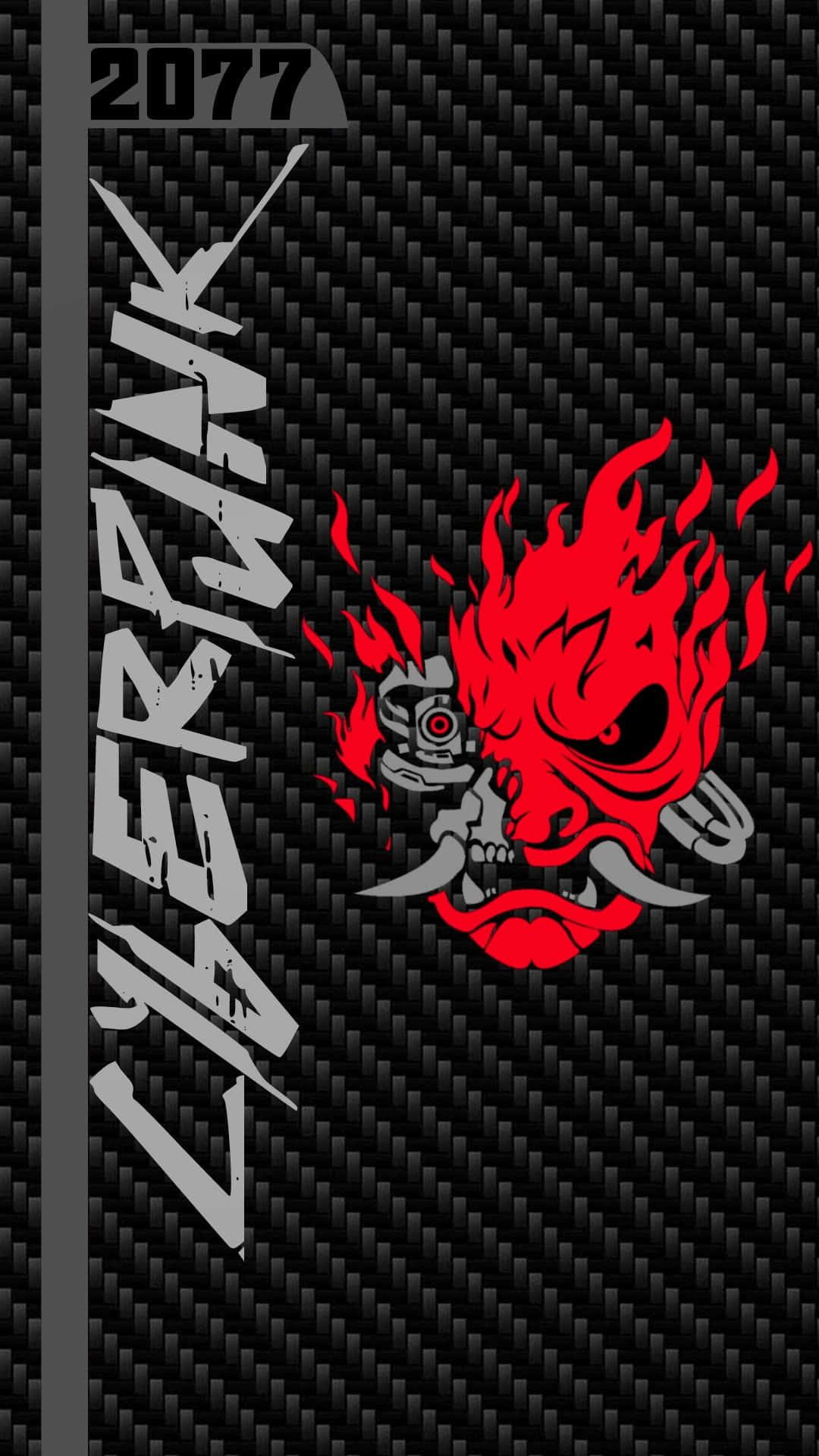 Cyberpunk 2077 標誌，在碳纖維背景上有一個燃燒的惡魔頭骨。 — 電馭叛客2077 壁紙