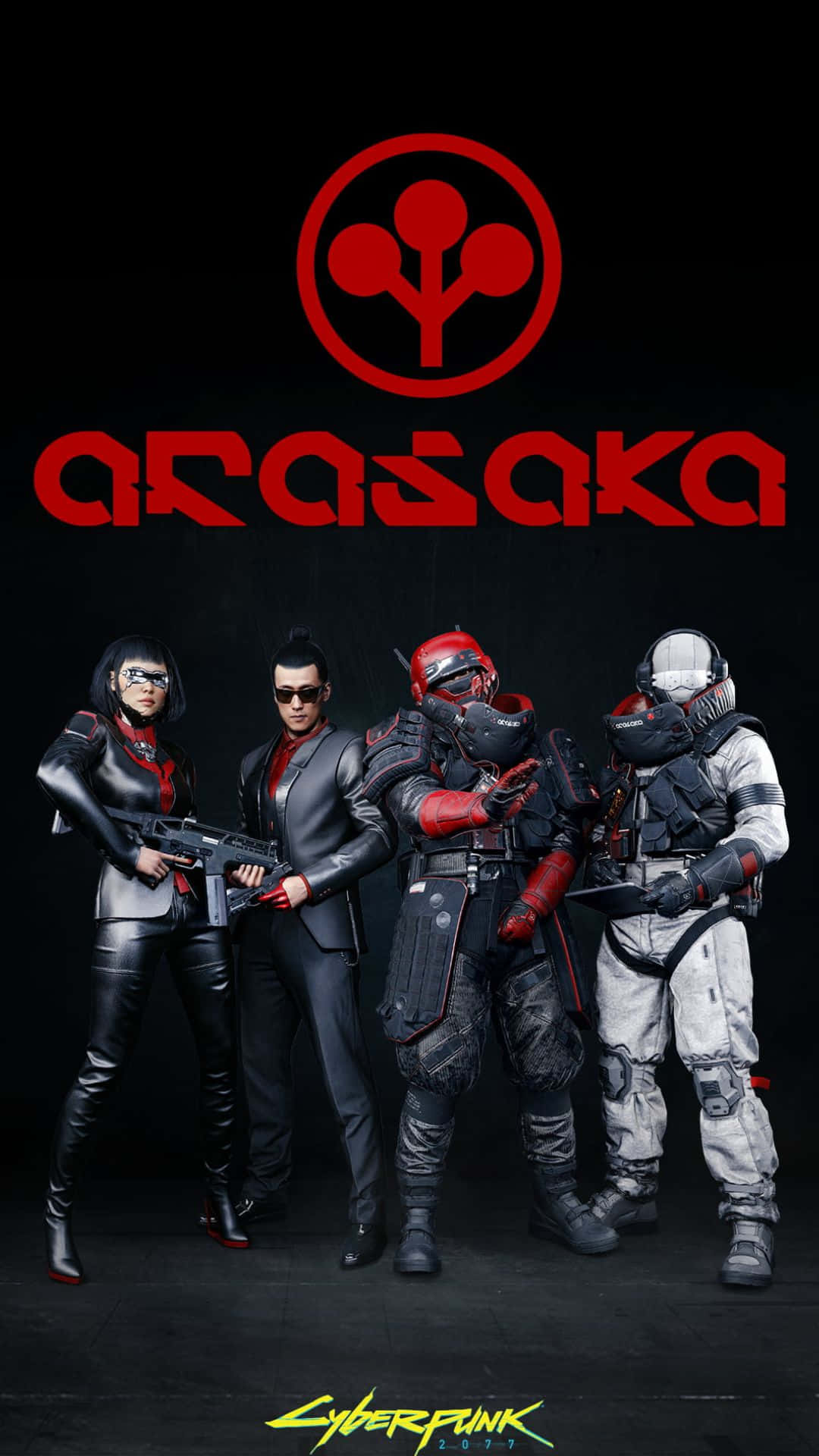 四名賽博龐克傭兵在紅色 Arasaka 標誌下持武器擺姿勢。 — 電馭叛客2077 壁紙