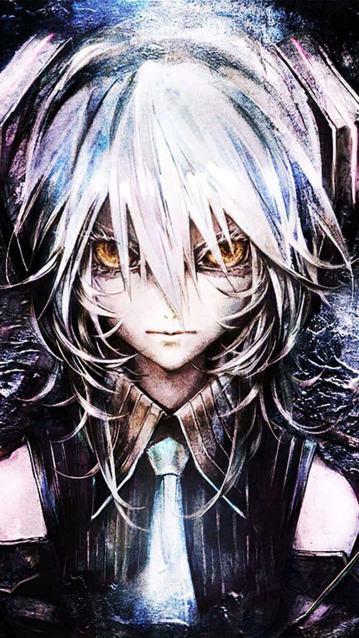 安卓動畫初音未來代號CV01 壁紙 — 一個銀髮金瞳的動漫角色特寫，穿著深色背心和領帶，背景陰暗。