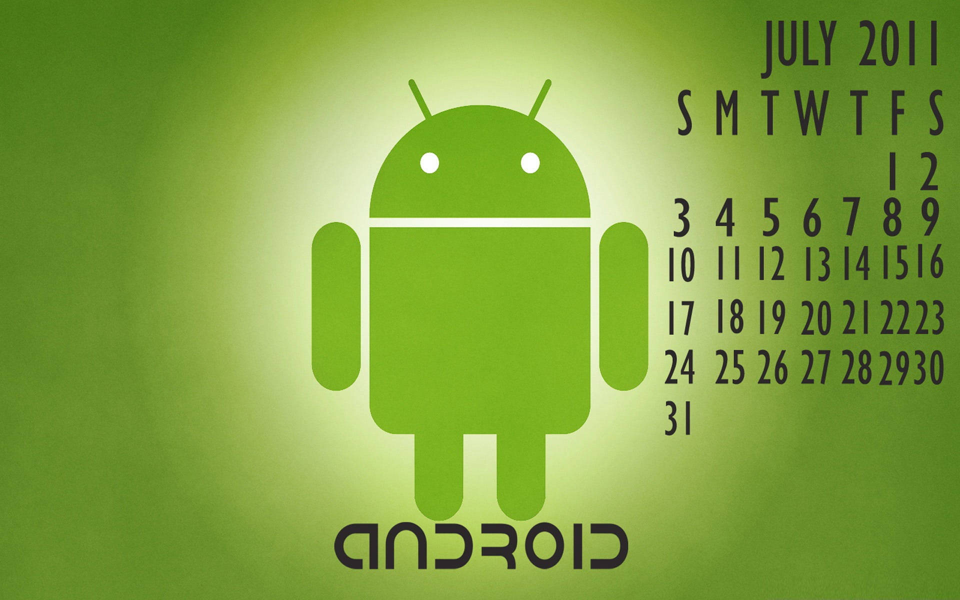 安卓日曆桌面 壁紙 — 綠色Android吉祥物站在綠色漸變背景中央，旁邊是2011年7月的日曆。