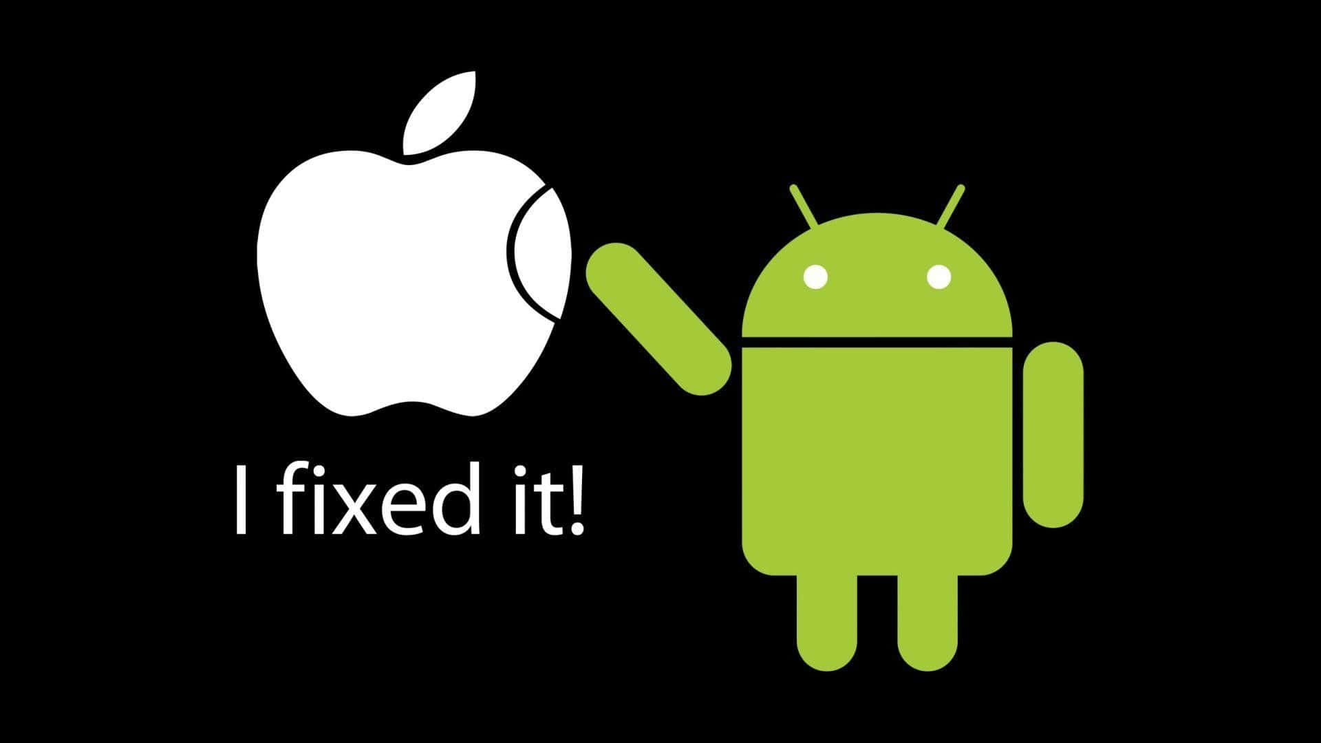 綠色Android吉祥物拿著扳手，旁邊有Apple標誌和文字I fixed it。
