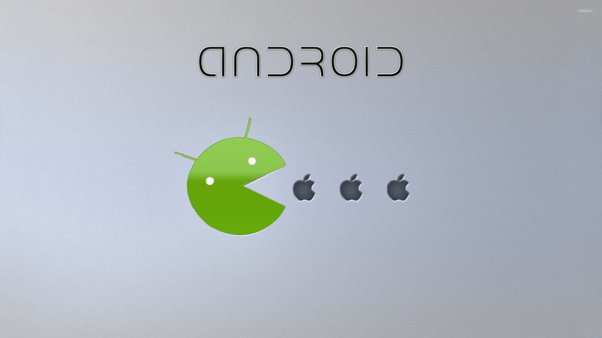 綠色Android吉祥物正在吃Apple標誌，上方有'ANDROID'文字。