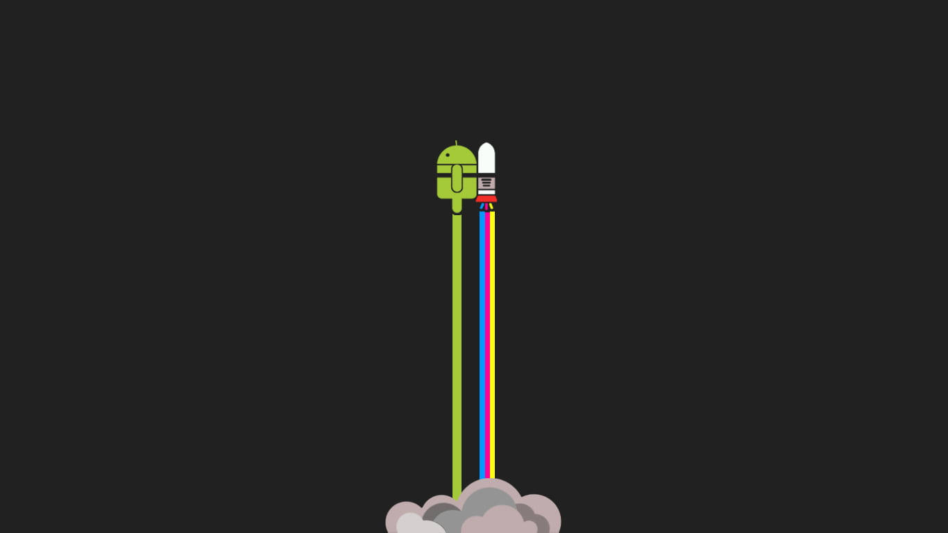 安卓火箭桌面壁紙 壁紙 — 綠色Android吉祥物發射火箭，在烏雲中留下彩虹痕跡。