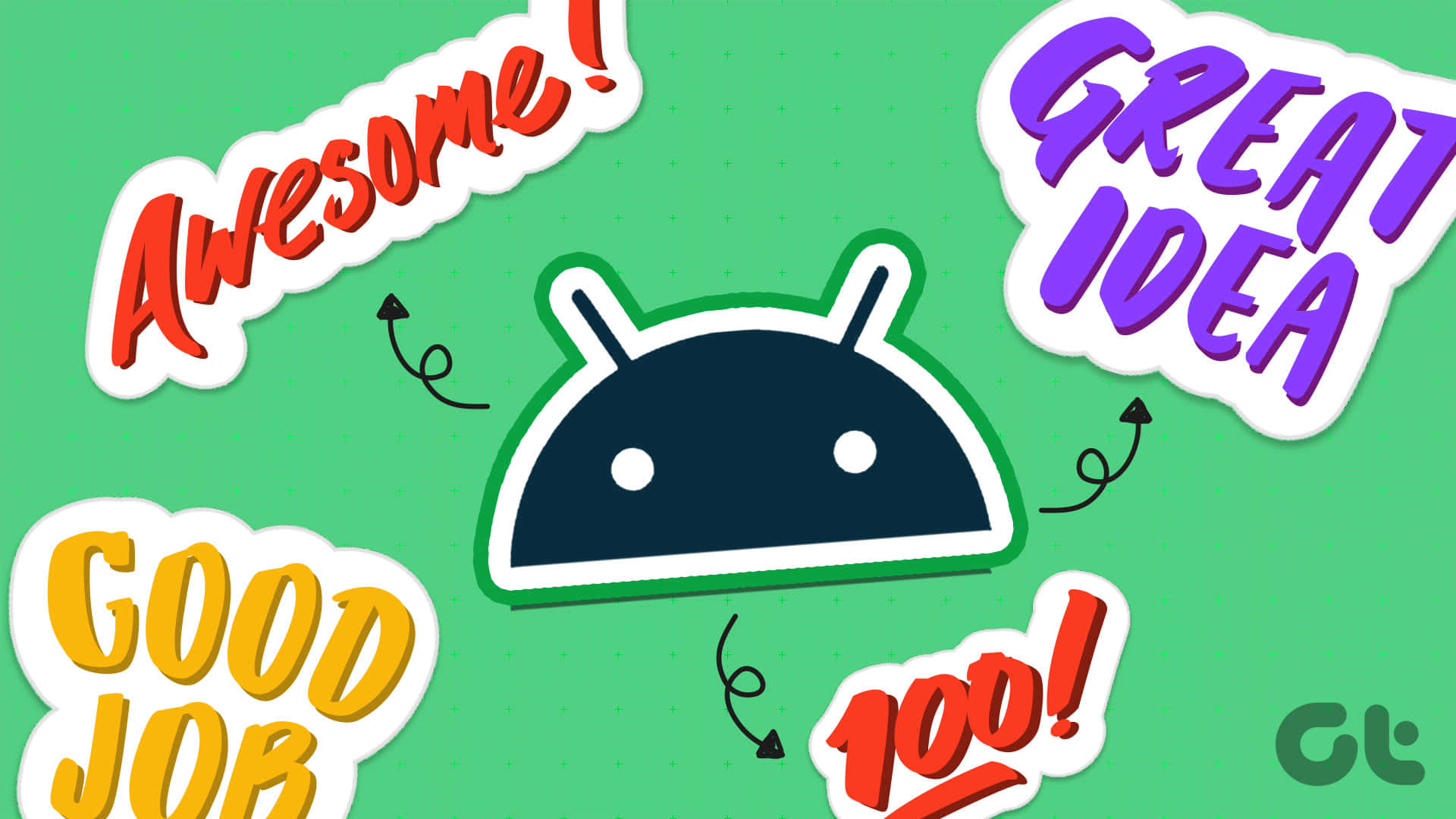 安卓的未來 壁紙 — 一個開心的Android吉祥物，被色彩繽紛的對話框包圍，在明亮的綠色背景上讚揚成就。