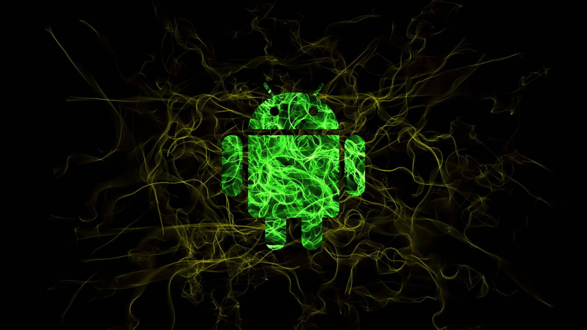 發光的綠色Android機械人被金色電煙環繞在黑色背景上。