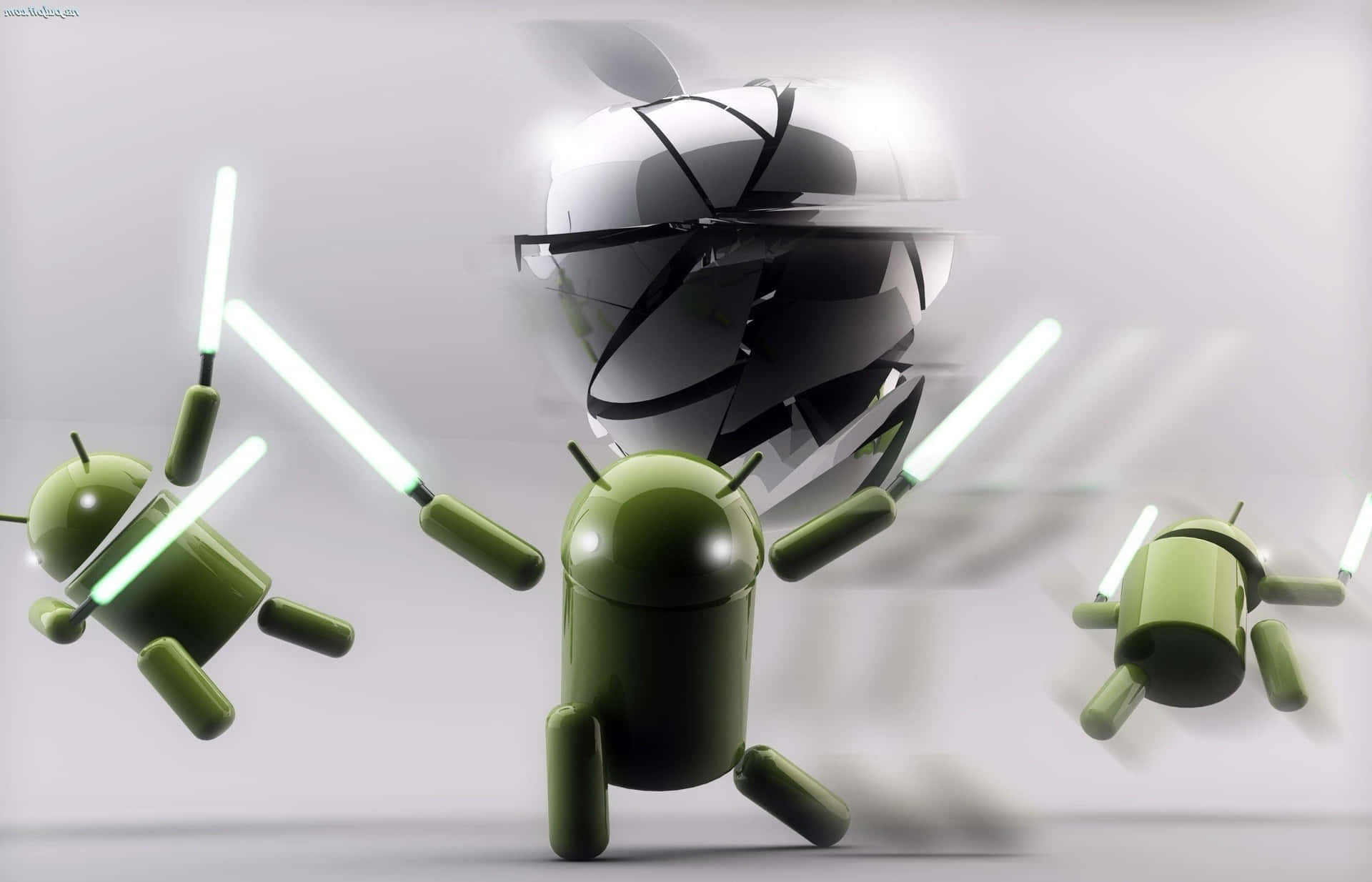 三個綠色Android機器人在未來主義的決鬥中揮舞光劍。