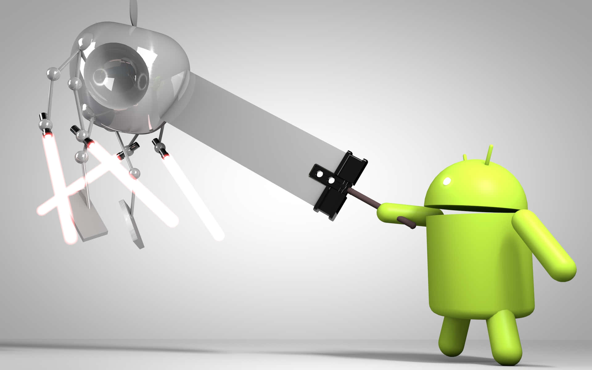 綠色Android角色持劍面對機械人敵人