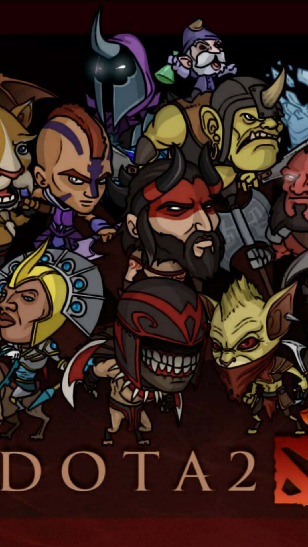 安卓裝置上的精彩 Dota 2 動作畫面 壁紙 — 一群充滿活力的Q版Dota 2英雄，表情兇猛，身穿奇幻盔甲，背景為深紅色。