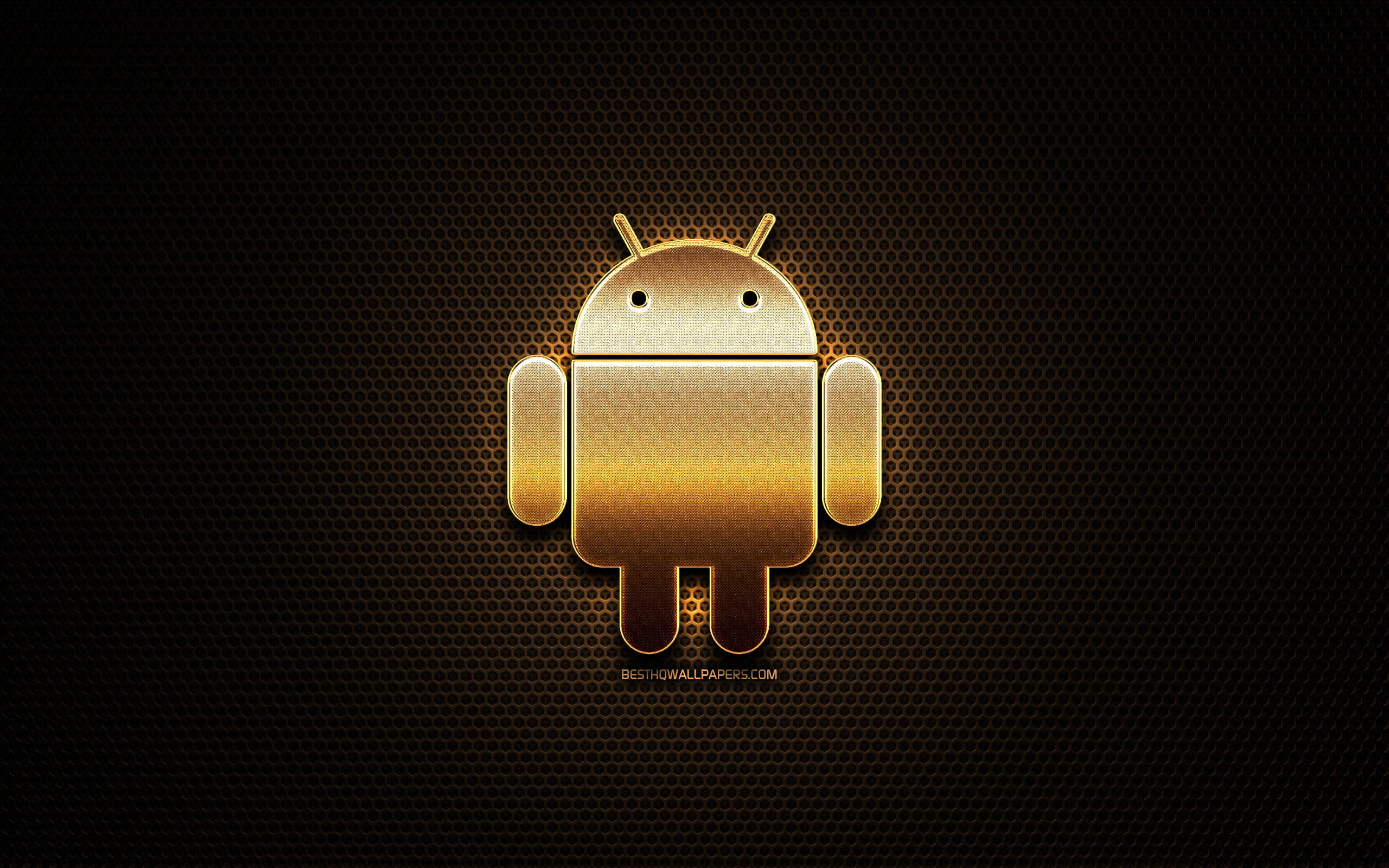 安卓閃粉桌面 壁紙 — 金色Android機械人標誌在深色紋理六邊形背景上發光。