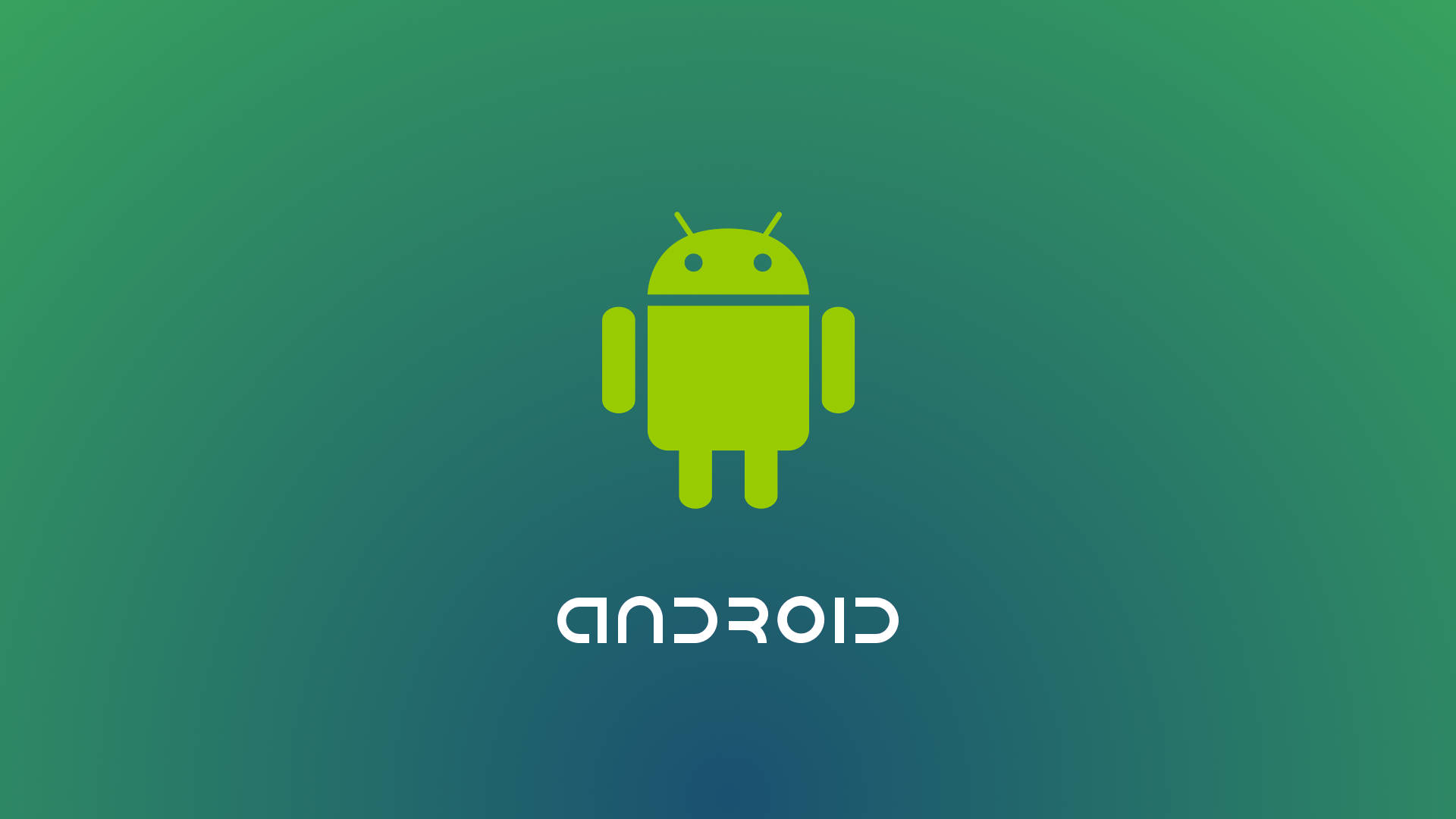 Android機械人標誌在綠色漸變背景上，帶有android文字