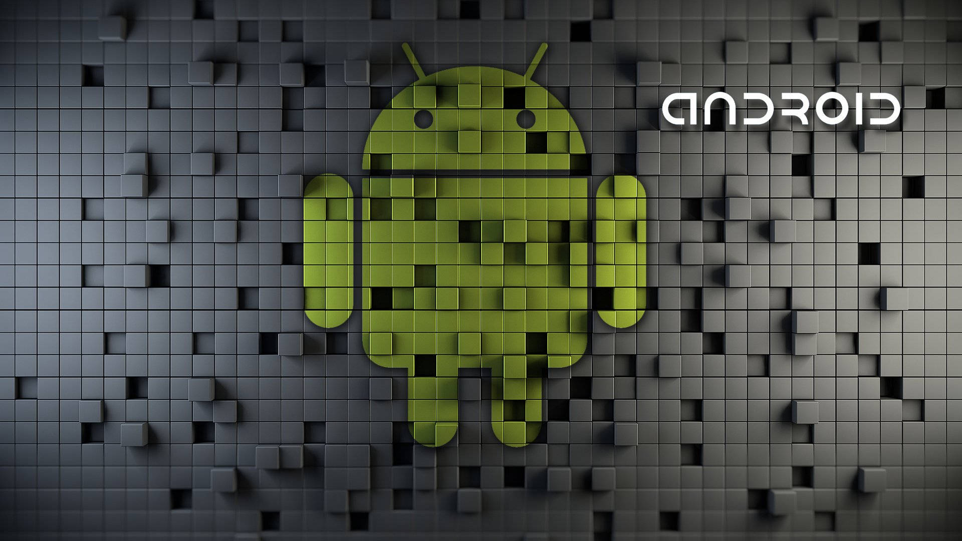 由立方體組成的綠色Android機械人，位於灰色立方體牆上，帶有'android'文字。