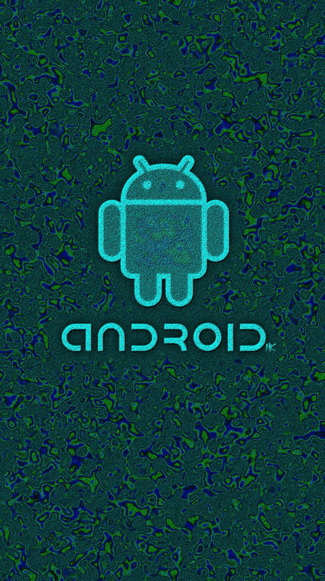 青色Android機械人標誌，位於紋理綠色和藍色數位背景上。