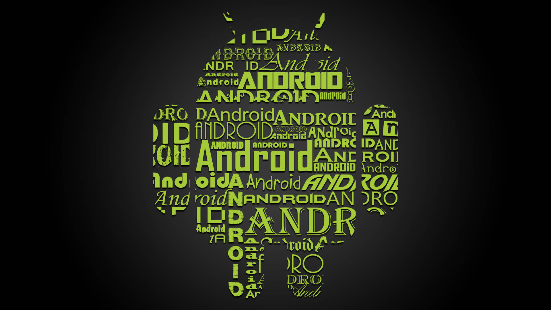 由文字組成的綠色Android機械人標誌，深色背景