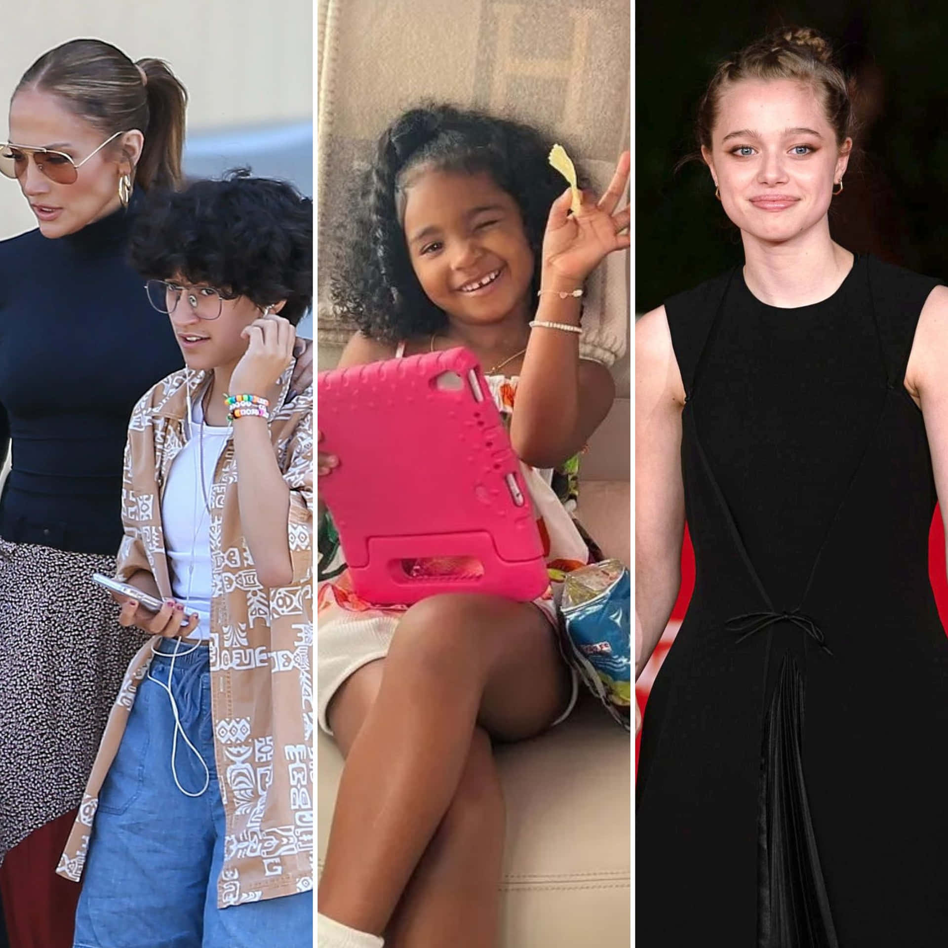 三張獨立自然照片中的人物：女人和小孩、微笑的女孩拿著平板電腦、穿黑色連衣裙的女人。