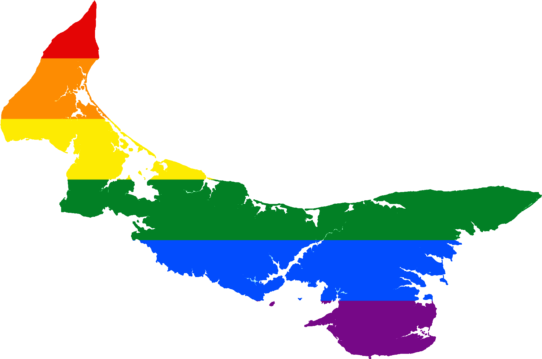 安大略省彩虹地圖 壁紙 — 一個海岸陸地的剪影，充滿了代表 LGBTQ+ 驕傲的橫向彩虹條紋。