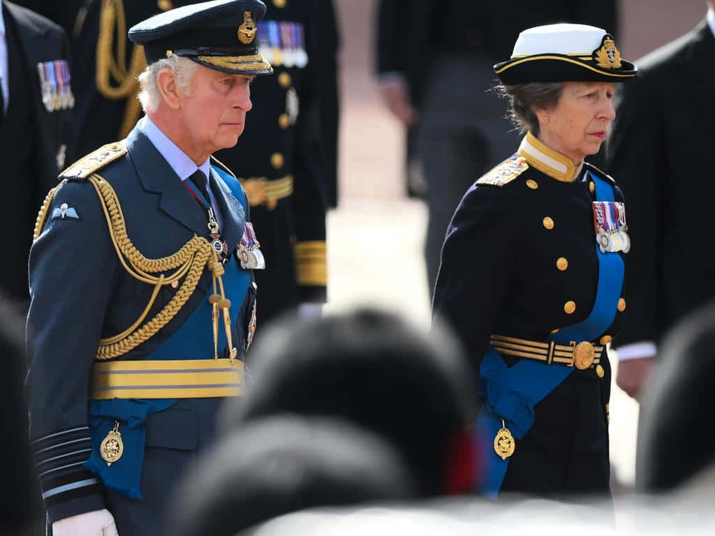 安妮公主出席伊麗莎白二世女王葬禮 壁紙 — 兩位身穿華麗海軍禮服的王室成員在正式戶外活動中莊嚴站立，前景有模糊的觀眾。