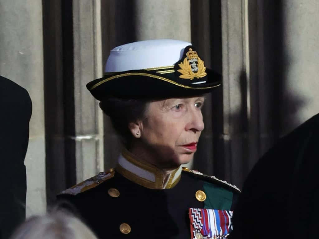 安妮公主身穿海軍軍服 壁紙 — 一位身穿正式海軍制服、戴白帽和勳章的女性莊嚴地站在石柱前。