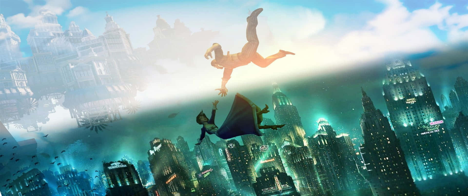 安娜與布克墜落 3440x1440p Bioshock Infinite 背景 壁紙 — 兩位超級英雄翱翔於閃爍的藍綠色城市景觀之上，四周是鏡面摩天大樓和戲劇性的雲層。