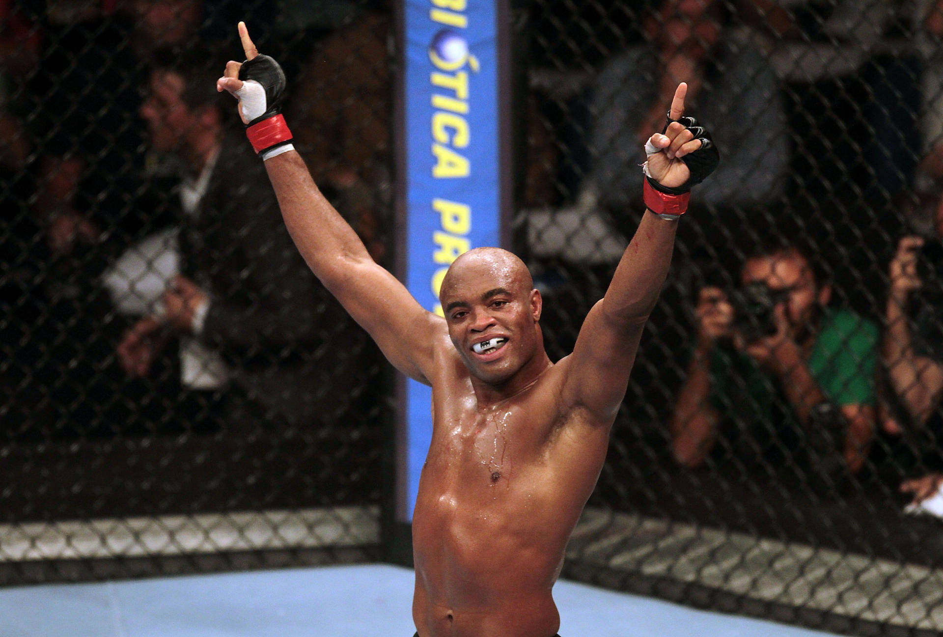 MMA 選手在八角籠中高舉雙臂慶祝勝利。