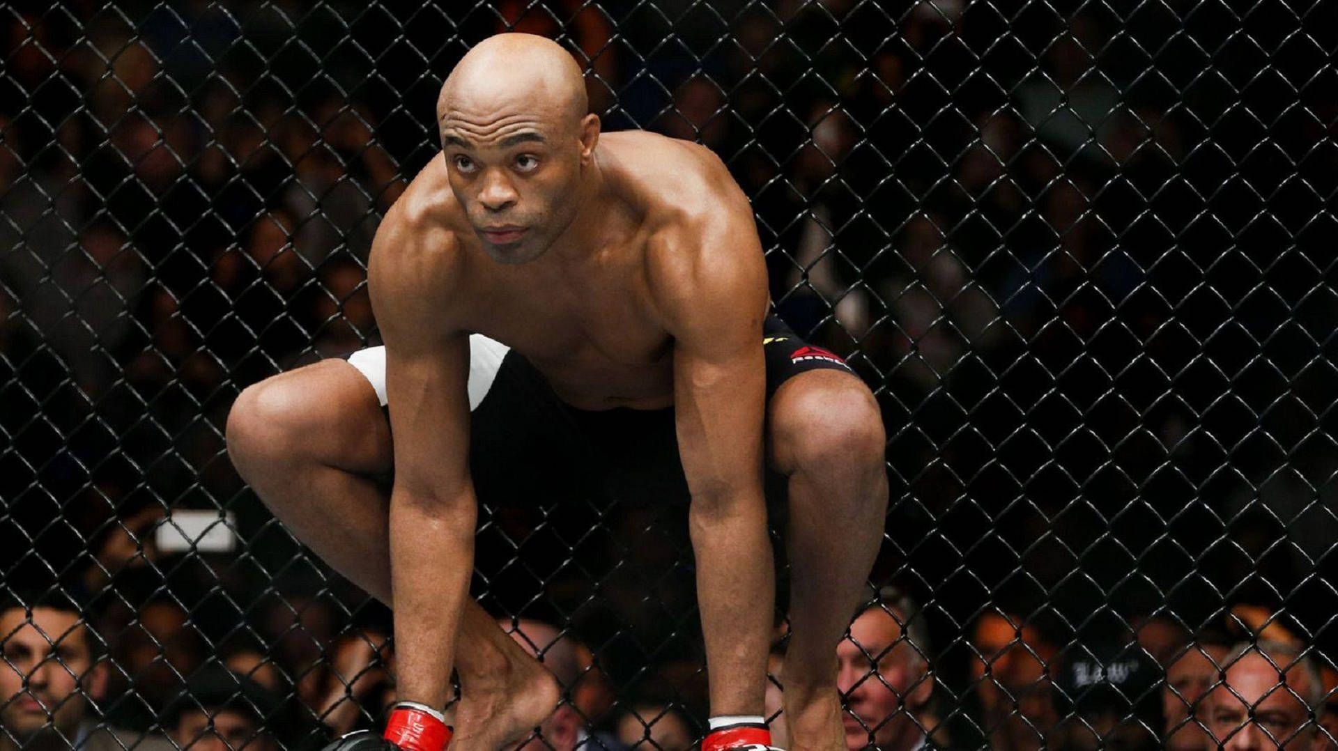 一個專注的MMA戰士在比賽期間蹲伏在八角籠內。
