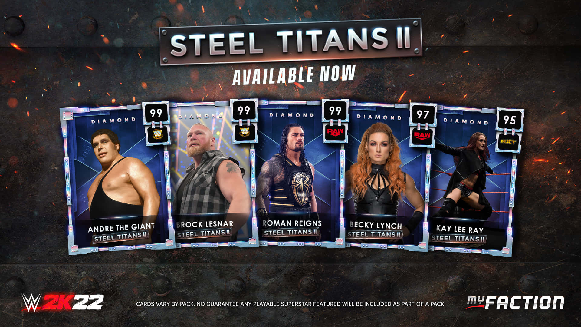 WWE Steel Titans II 交換卡， featuring Andre the Giant、Brock Lesnar、Roman Reigns、Becky Lynch 和 Kay Lee Ray。
