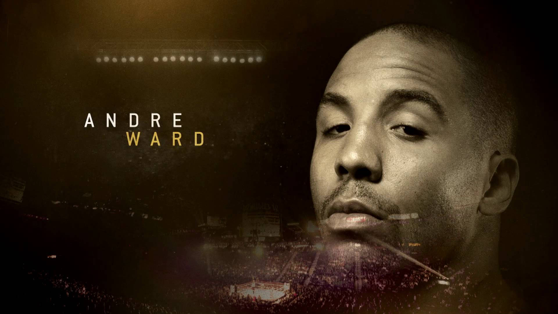 拳擊手 Andre Ward 在燈光昏暗的競技場中，身後有觀眾和燈光。