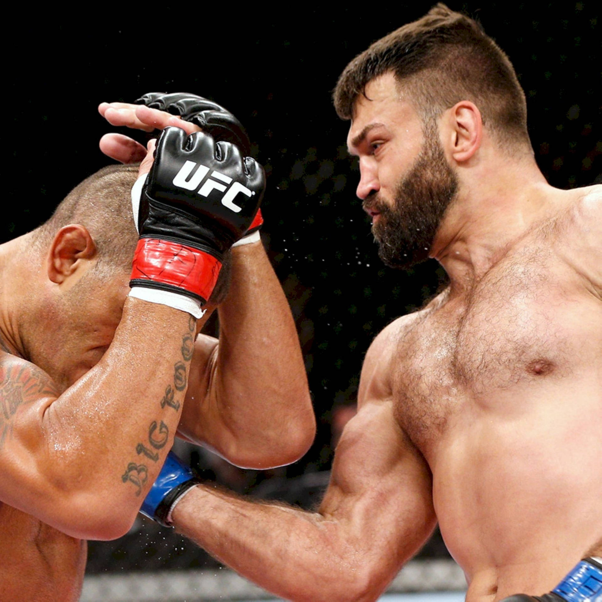 兩名男性MMA拳手在激烈的UFC比賽中，一人揮拳擊打另一人。