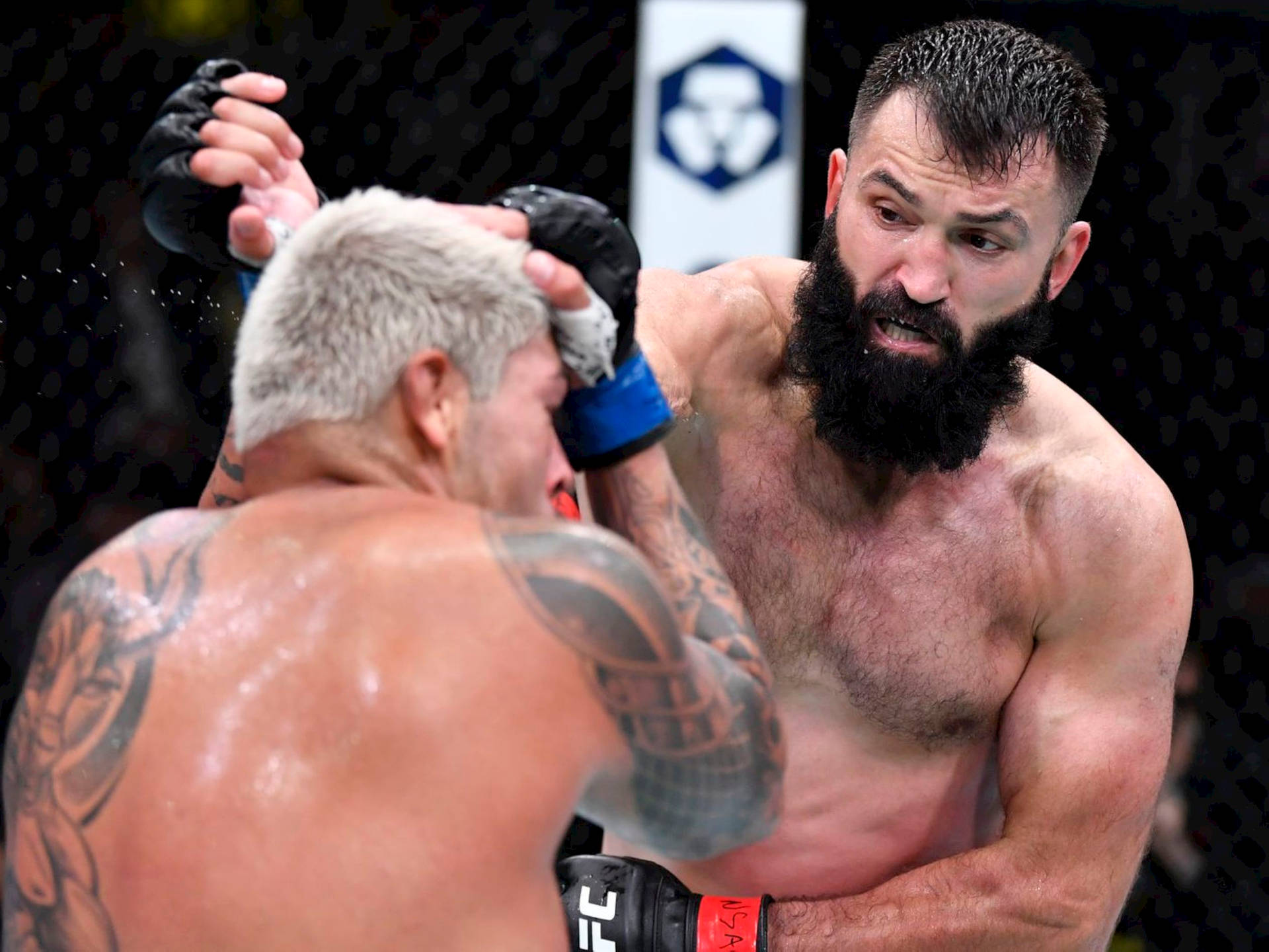 兩名MMA拳手在UFC激烈比賽中於八角籠內互相出拳。