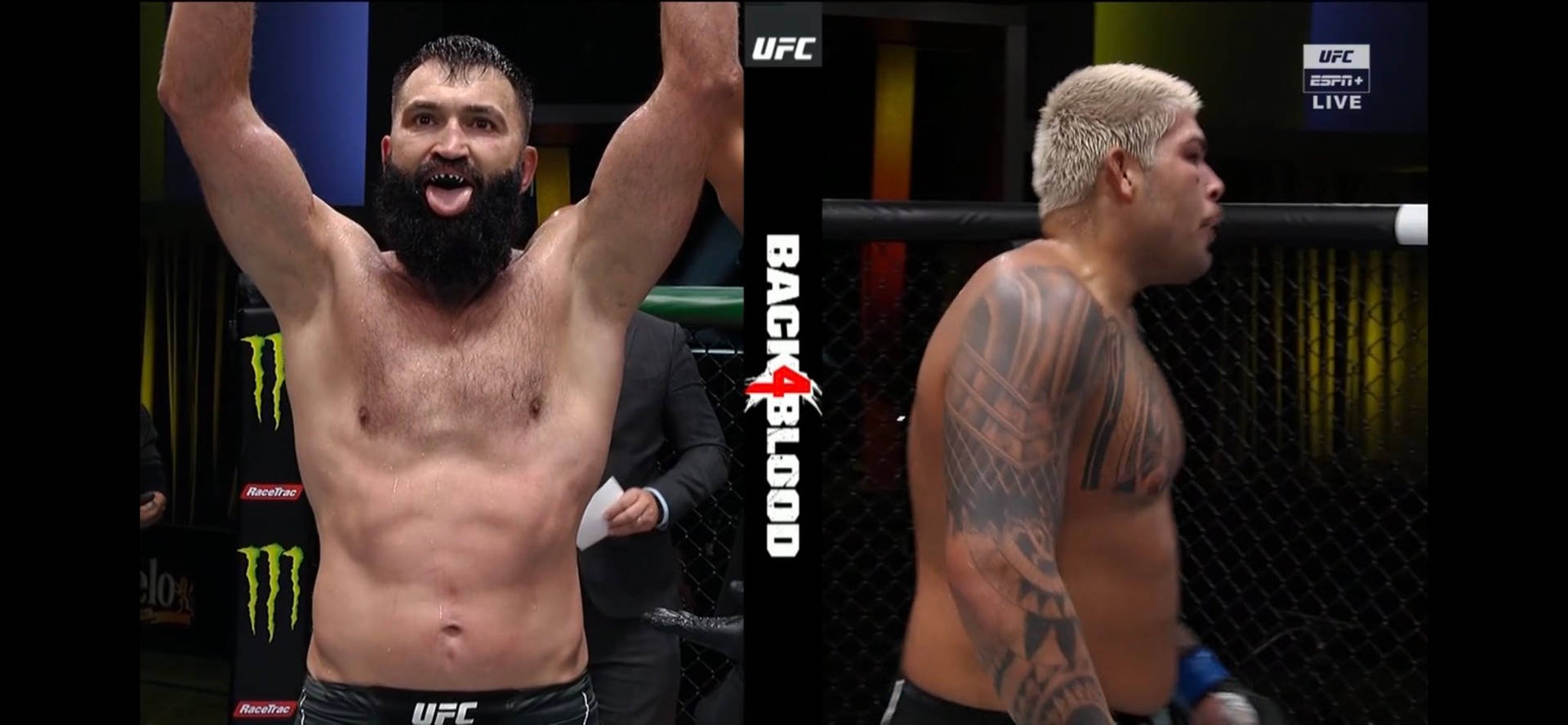 八角籠中的兩名男性MMA拳手，一人慶祝勝利，另一人神情沮喪。