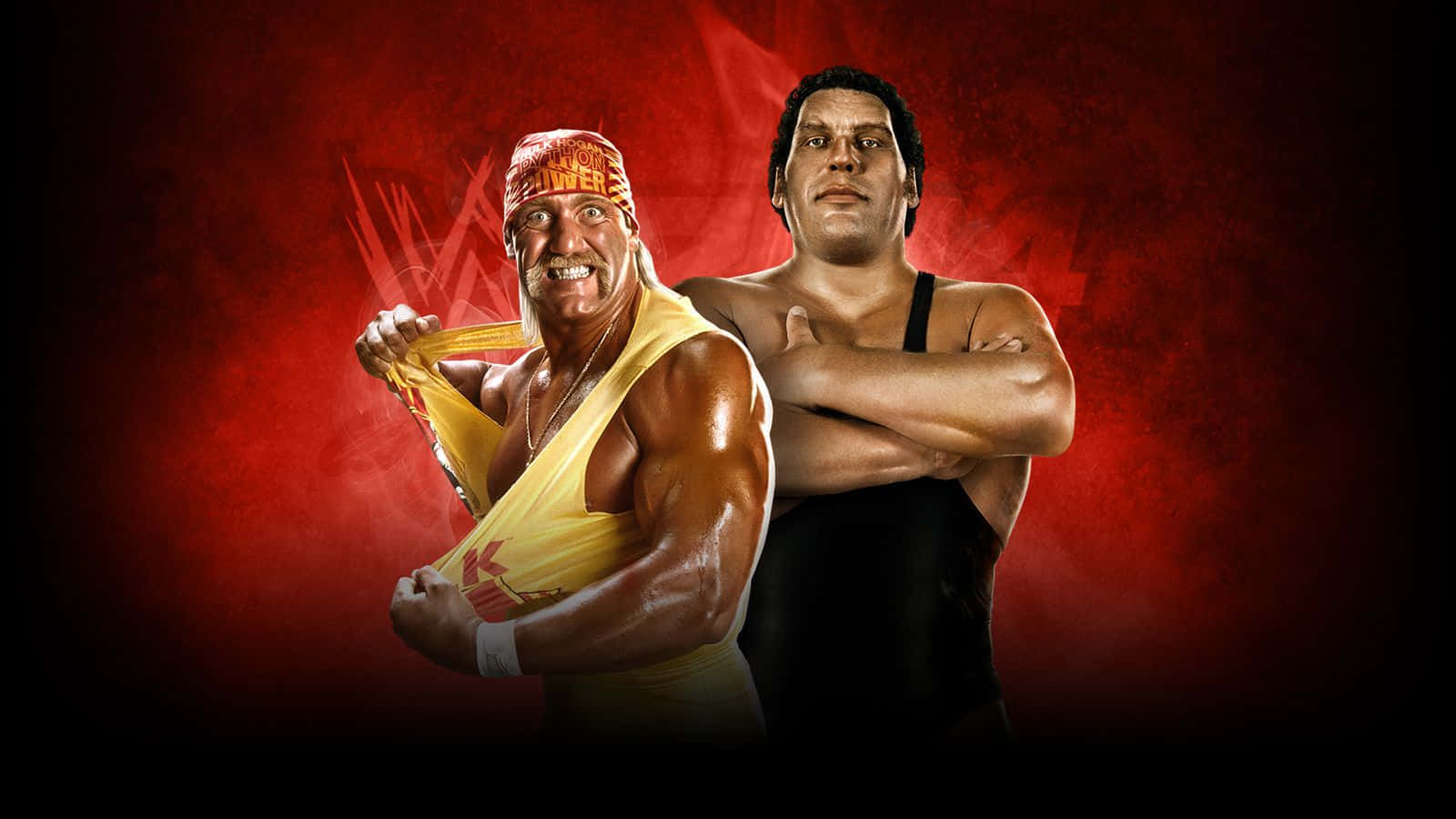 Hulk Hogan 和 André the Giant 穿著摔角裝備在紅色背景前擺姿勢。