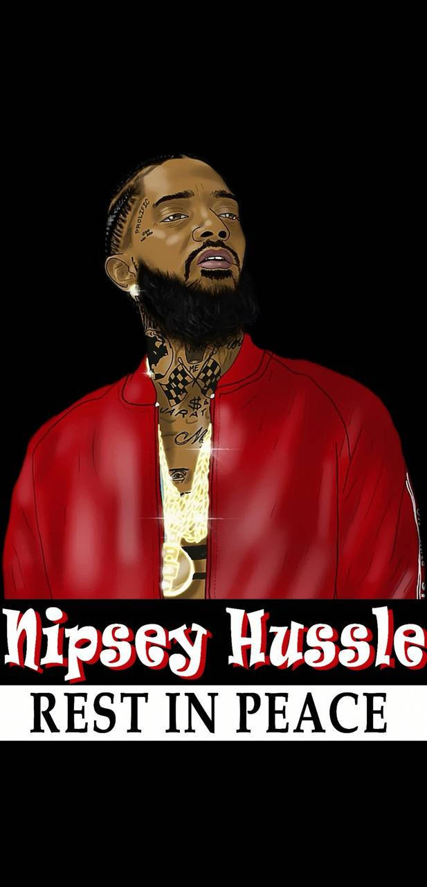 Nipsey Hussle 身穿紅色外套和金色鏈條，黑色背景上的致敬肖像。