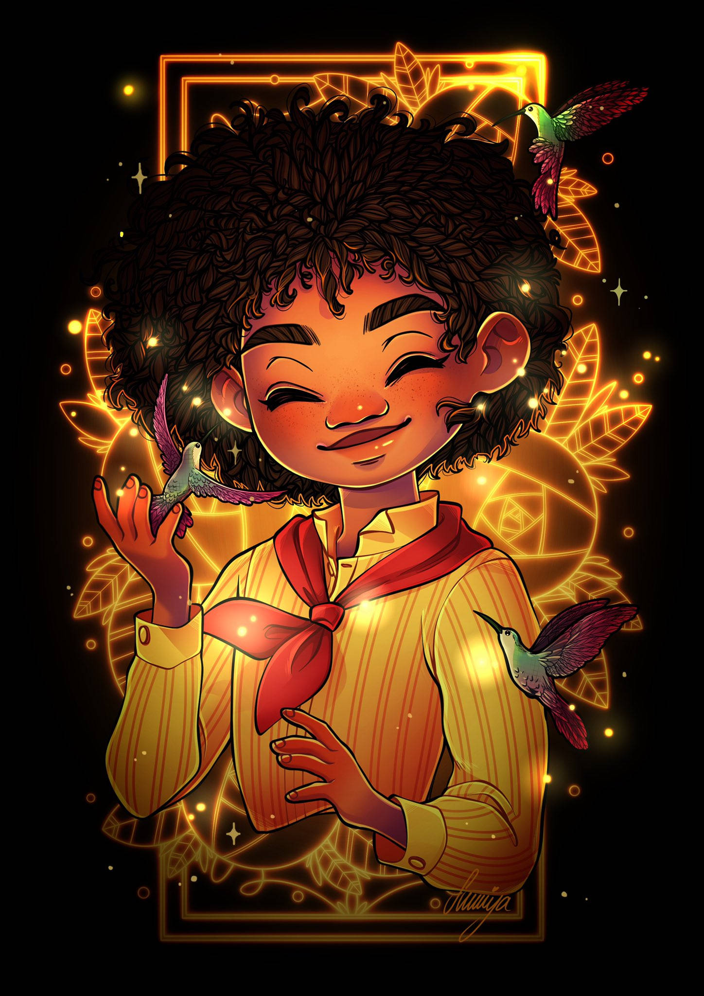 安東尼奧·馬迪加爾魔法藝術 壁紙 — 一個快樂的捲髮小孩微笑著，蜂鳥在他們周圍盤旋，背景是發光的金色幾何框架。