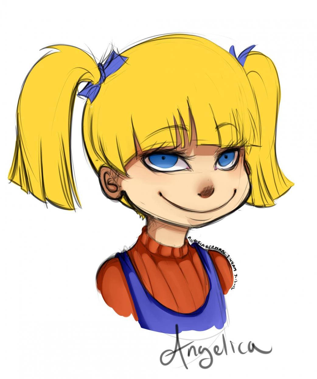 動漫女孩，黃色雙馬尾和藍色眼睛，在素描插圖中微笑。
