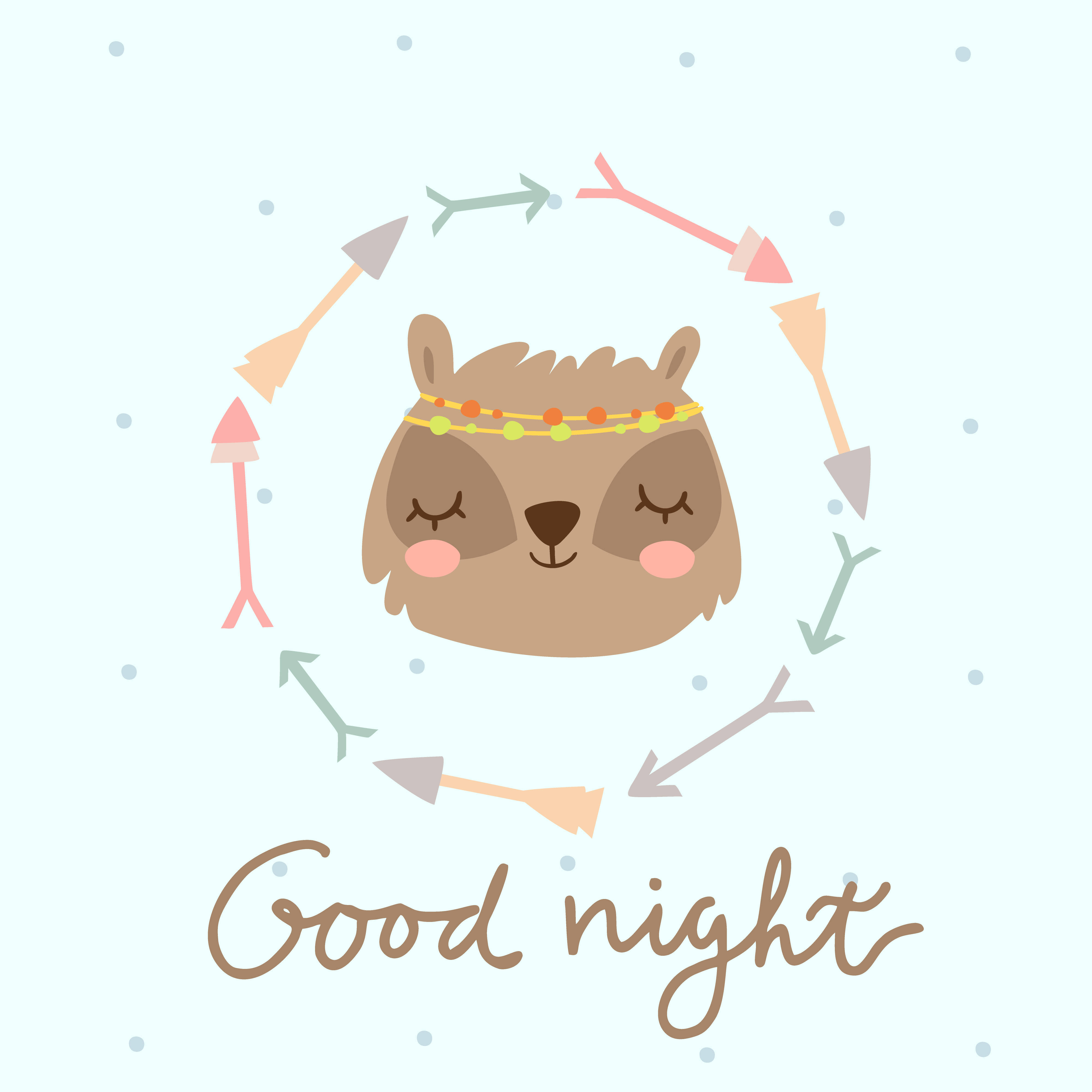 安眠熊 壁紙 — 一隻可愛的卡通羊駝閉著眼睛，戴著珠飾頭帶，被彩色箭頭圍成一個圓圈，背景是淺藍色，上面有文字「晚安」。