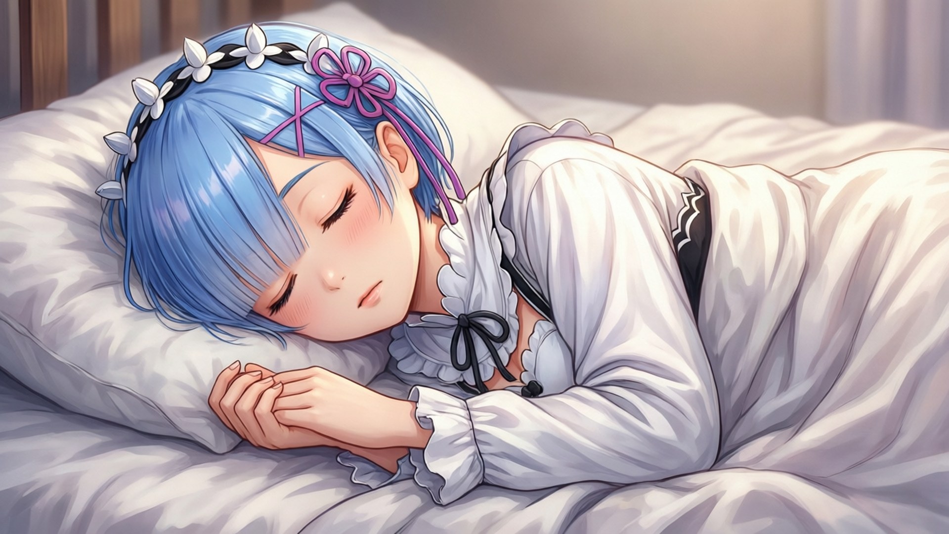 安眠的蕾姆 壁紙 — 一位藍髮動漫女孩穿著白色荷葉邊睡裙，戴著紫色蝴蝶結頭帶，在床上安詳地睡著。