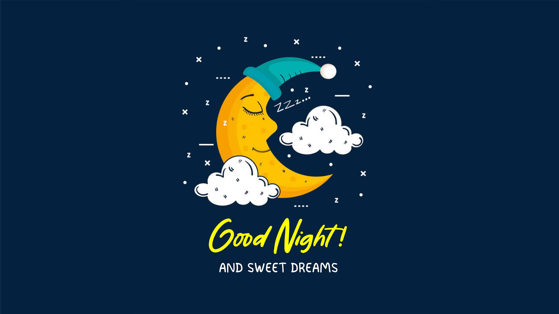 安眠睡月 壁紙 — 一個快樂的卡通月亮戴著青綠色睡帽，在深藍色夜空中的雲朵和星星之間平靜地微笑。