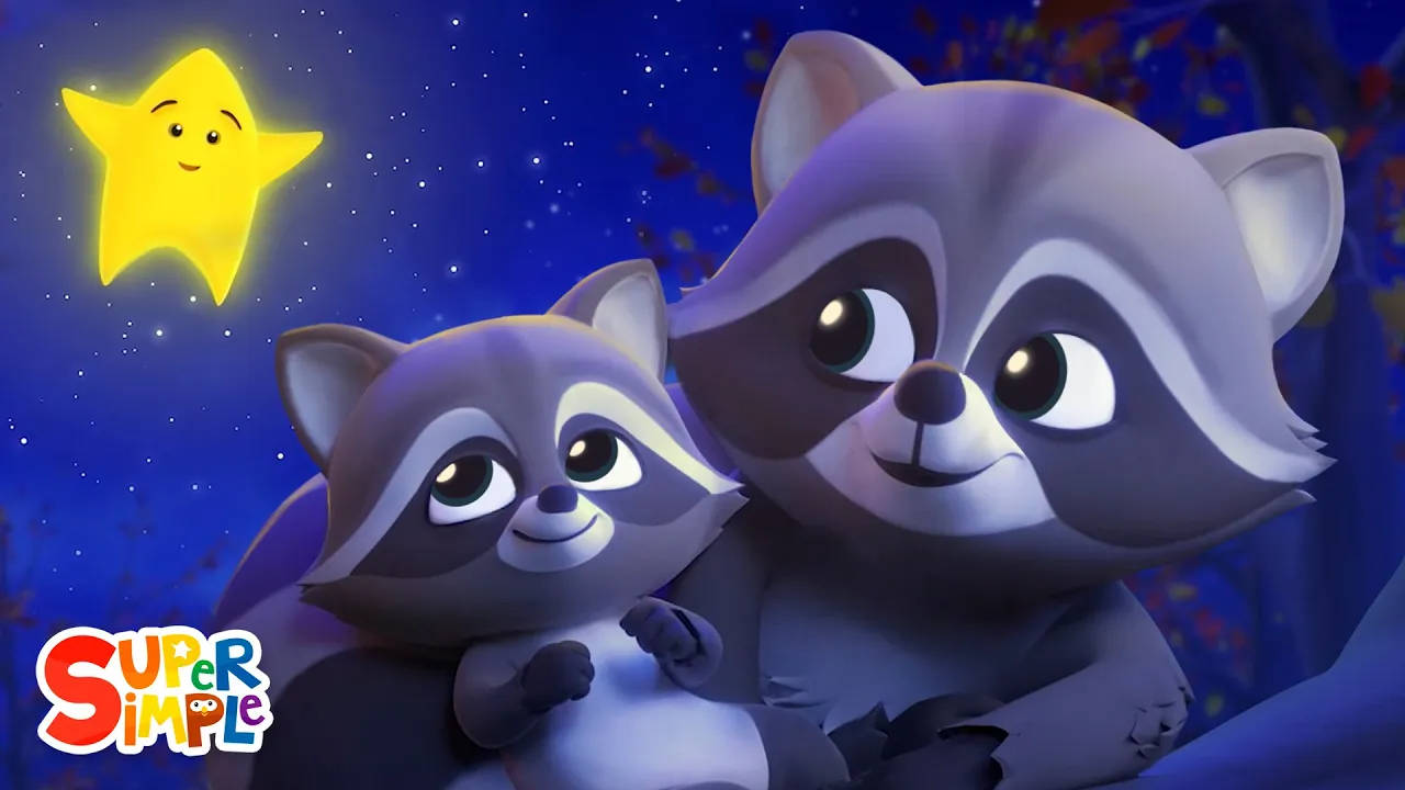 兩隻卡通浣熊在夜晚微笑的星星下依偎。